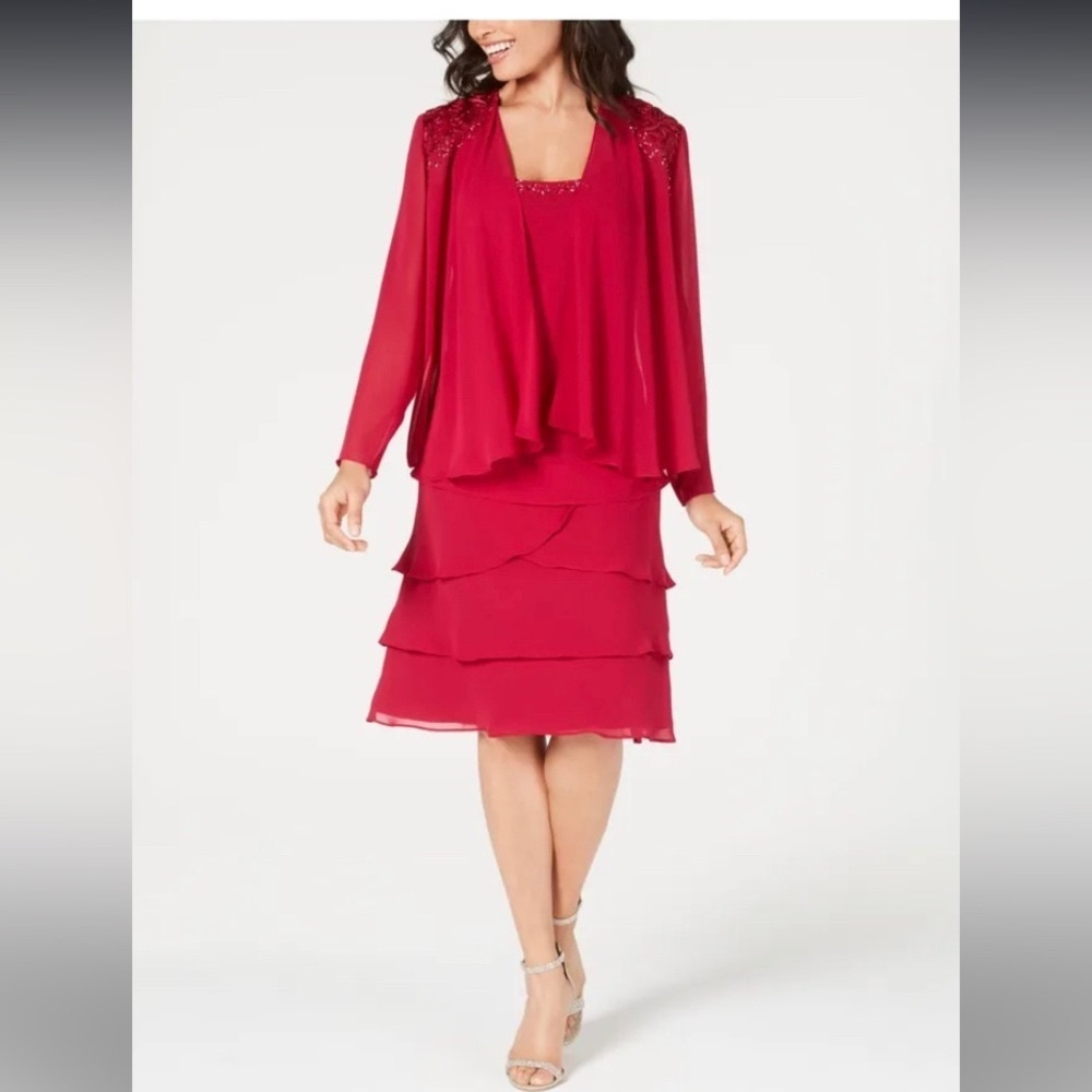 Women’s Formal Dress Size 8 SLNY Wine Red Sequined Long Sleeve Jacket+Dress NWT